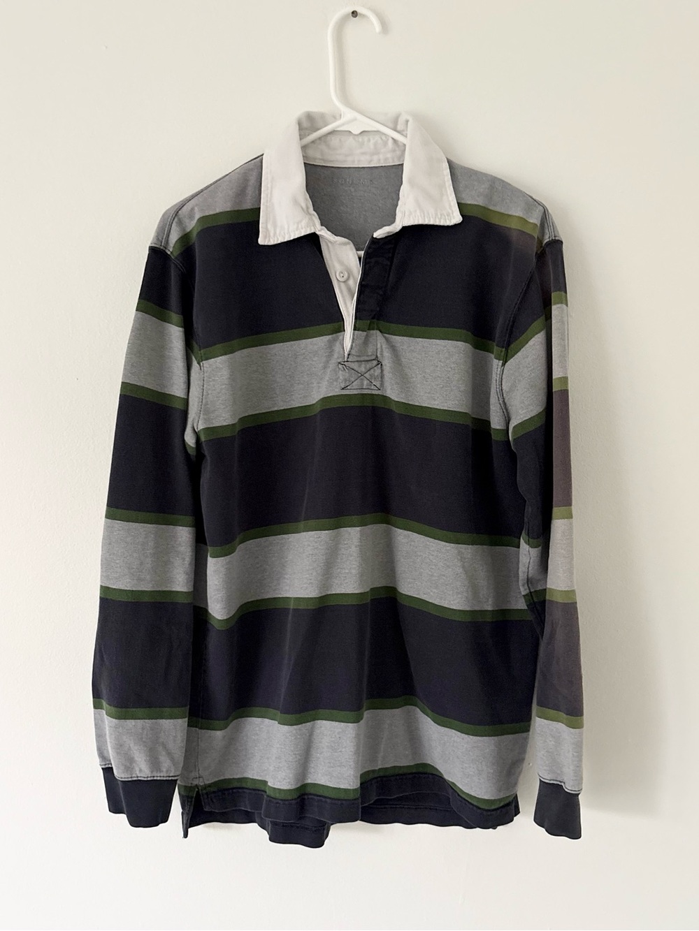 Sonoma Blue Grey Striped Collar Rugby Long Sleeve Pullover Polo Size Medium